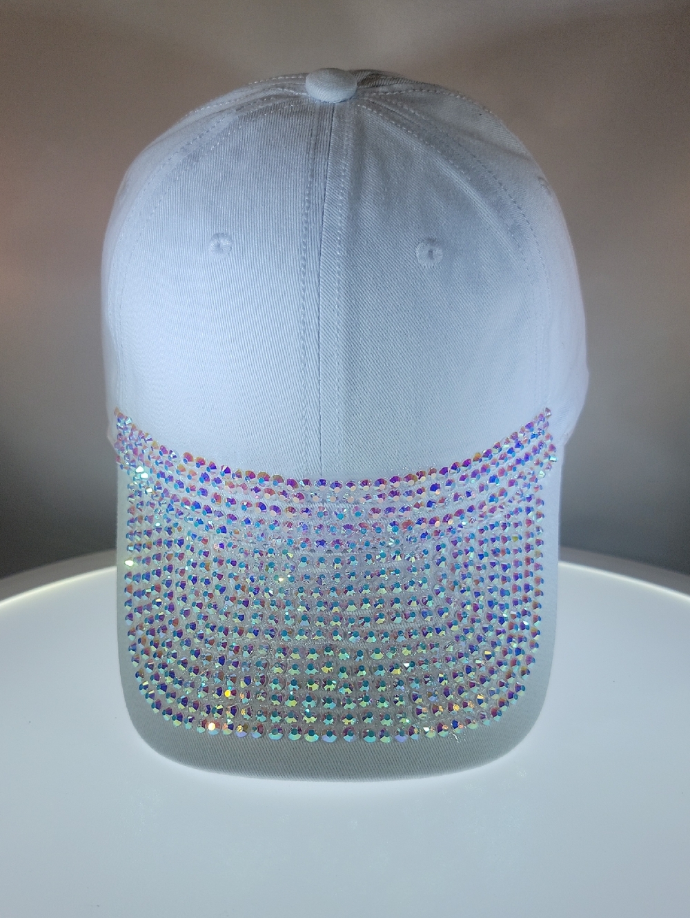 White Baseball Cap with Iridescent Crystal Visor